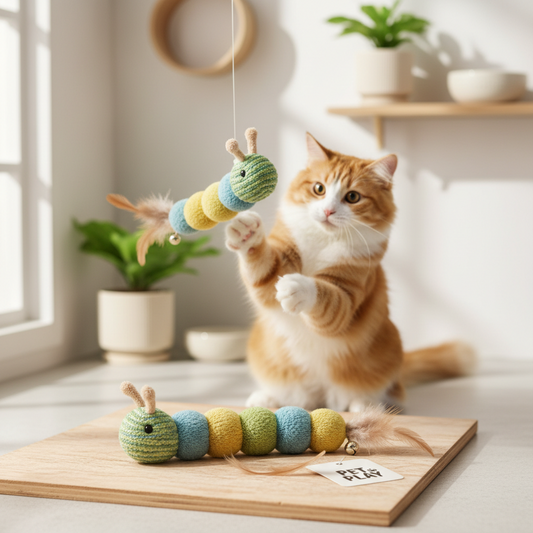 Juguete interactivo para gatos con forma de oruga, activado por movimiento.